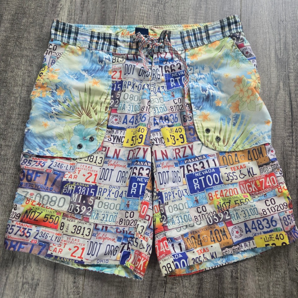Robert Graham Mens License Plate Tropical Print Swim Trunks Board Shorts Size 34